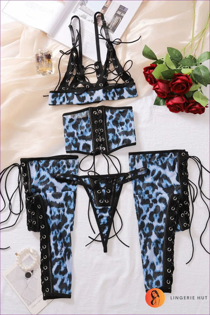 Leopard Lace-up Strappy Lingerie Set - Unleash your Wild Side for Animal, Boudoir, Clubwear, Date Night,