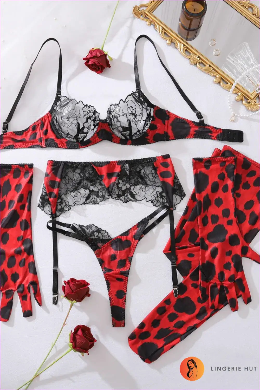 Leopard Lingerie Set with Gloves - Bold but Wearable - Burgundy / s - Bra - Hut - All Season • Animal • Boudoir