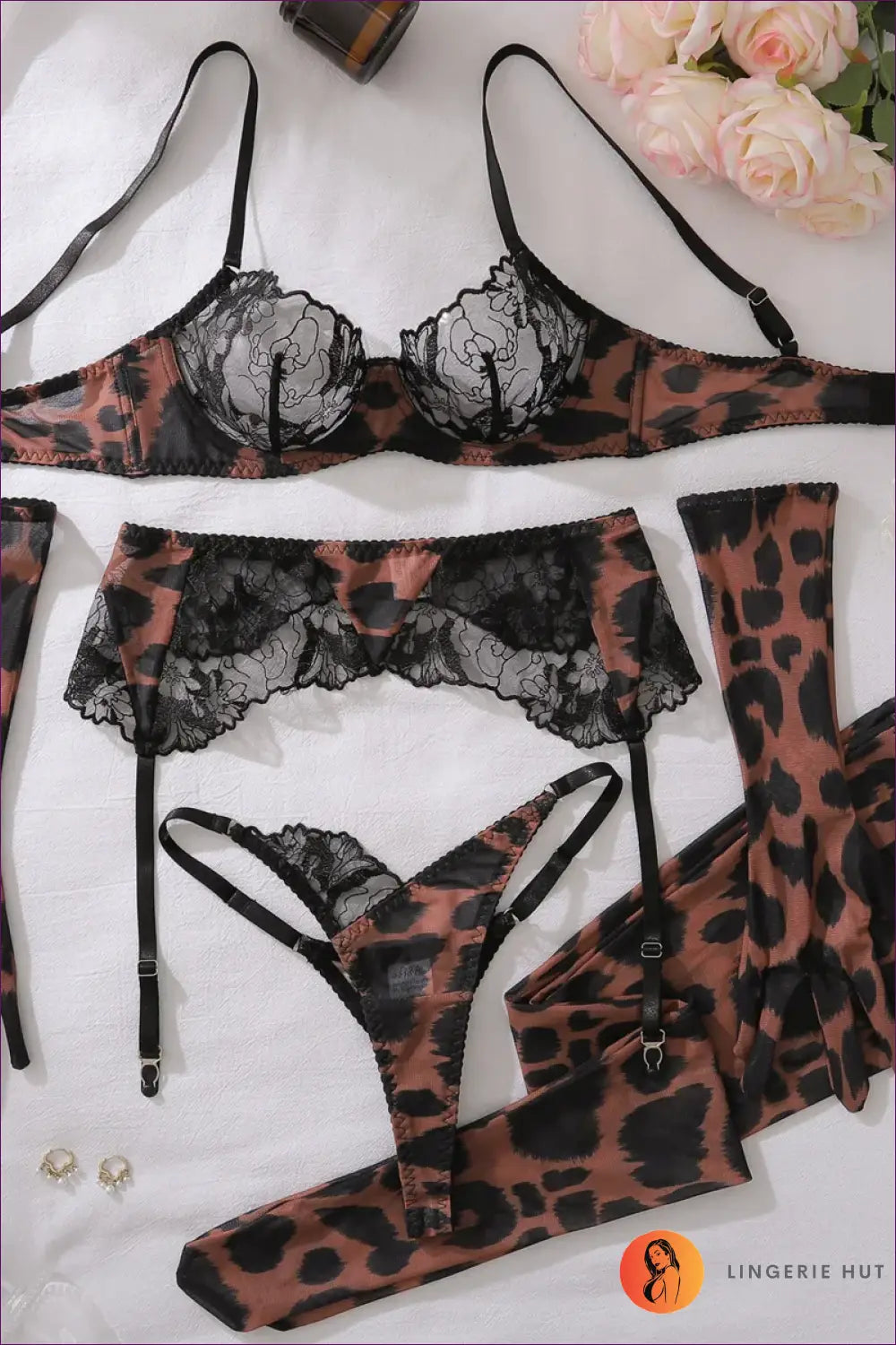 Leopard Lingerie Set with Gloves - Bold but Wearable - Black / s - Bra - Hut - All Season • Animal • Boudoir • Evening