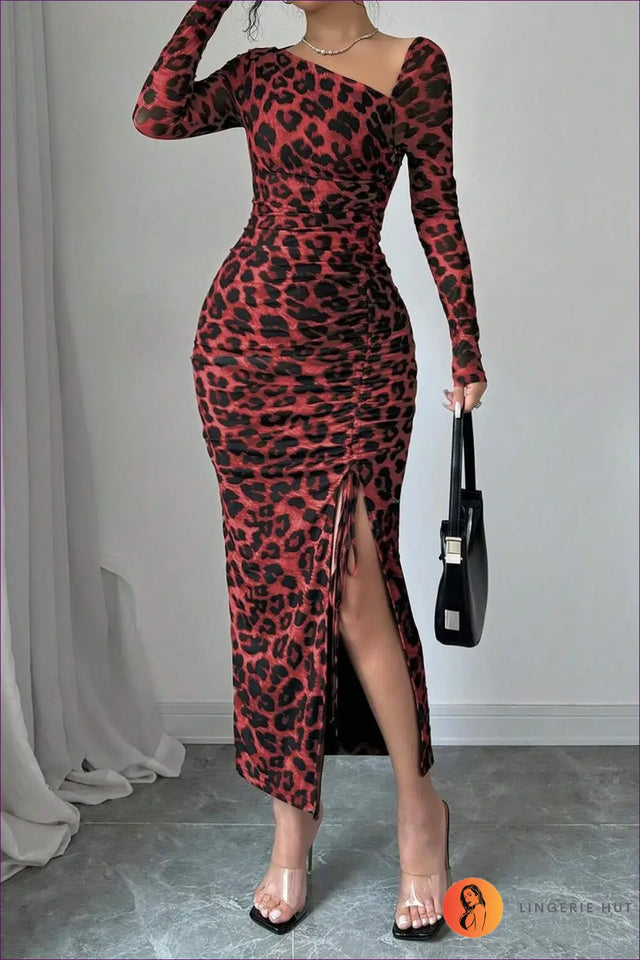 Leopard Print Bodycon Maxi Dress with Side Slit - Night Luxe