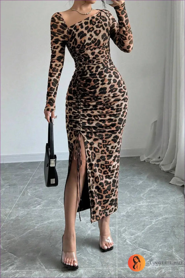 Leopard Print Bodycon Maxi Dress with Side Slit - Night Luxe