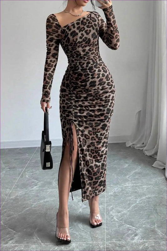Leopard Print Bodycon Maxi Dress with Side Slit - Night Luxe for Animal, Bodycon, Clubwear, Date Night,