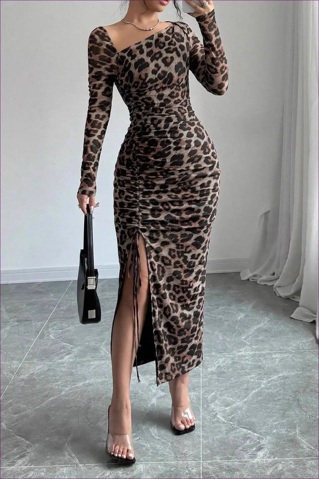 Leopard Print Bodycon Maxi Dress with Side Slit - Night Luxe