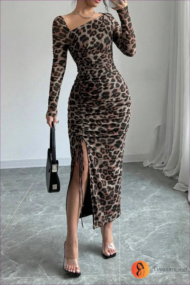 Leopard Print Bodycon Maxi Dress with Side Slit - Night Luxe
