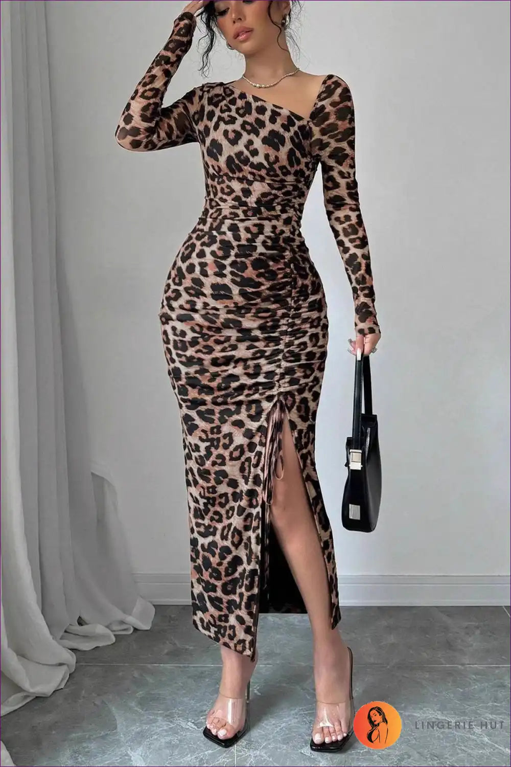 Leopard Print Bodycon Maxi Dress with Side Slit - Night Luxe for Animal, Bodycon, Clubwear, Date Night,