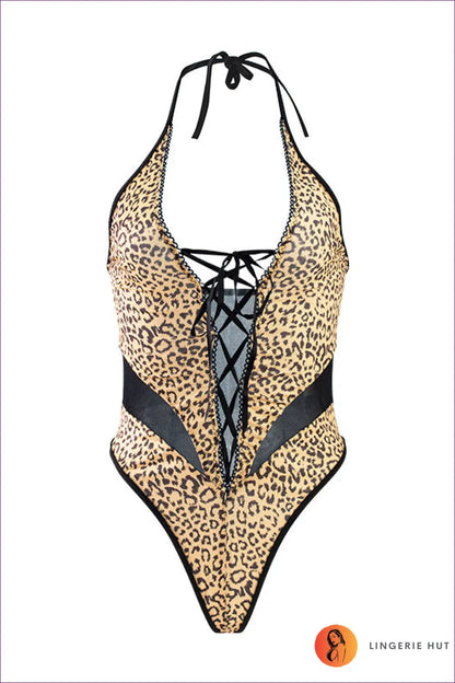 Leopard Print Bodysuit with Lace-up Front - Made for Date Night - Lingerie - Hut - All Season • Animal • Bodycon