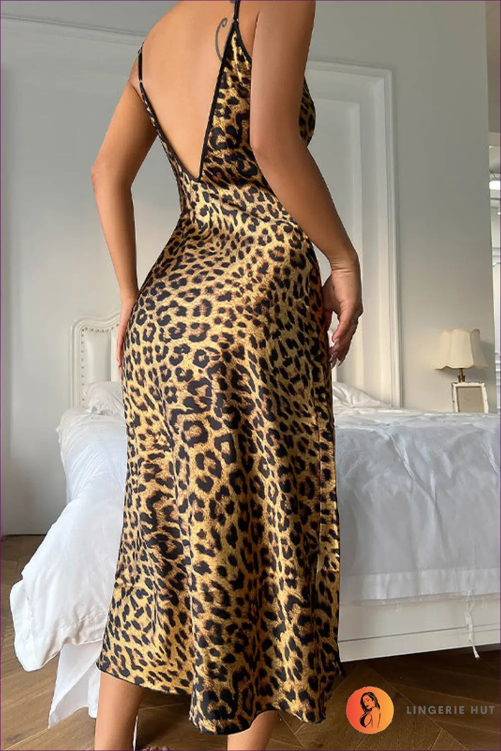 Unleash Your Wild Side With Our Leopard Print Ice Silk Backless Nightdress. Breathable Ice Silk, Seductive