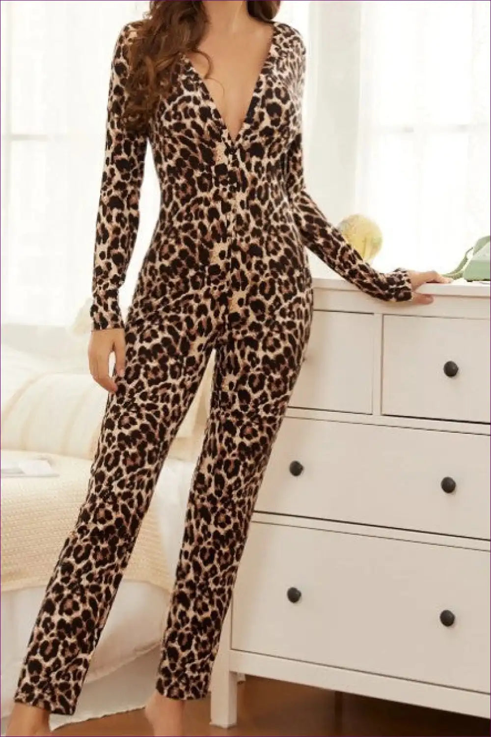 Leopard Print Jumpsuit with Deep v Neck - Cosy Wild Mornings for All Season, Animal, Casual, Cutout, Everyday