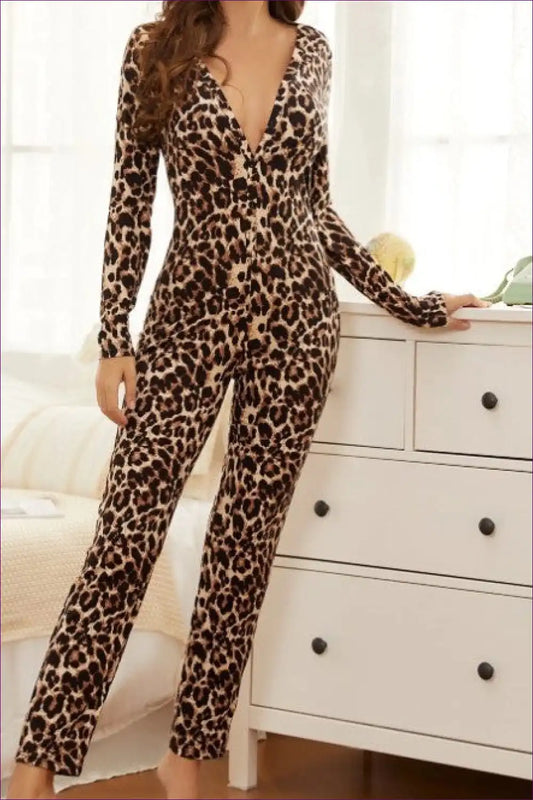 Leopard Print Jumpsuit with Deep v Neck - Cosy Wild Mornings for All Season, Animal, Casual, Cutout, Everyday