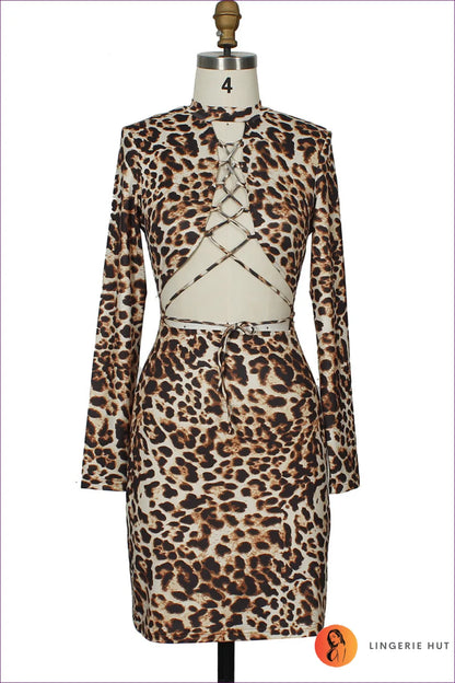 Unleash Your Wild Side With Lingerie Hut’s Leopard Print Lace-up Dress. Sexy Cut-out Design, Crafted From