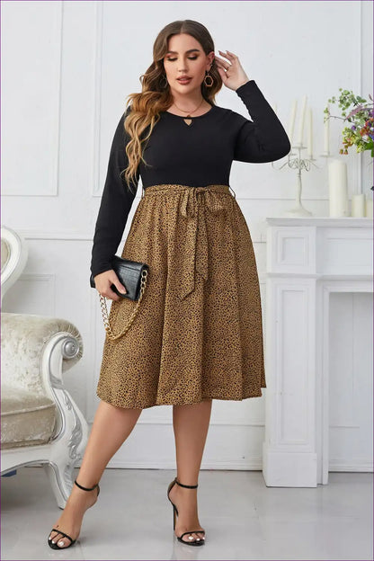 Leopard Print A-line Dress with Contrast Sleeves - Playful Sophistication