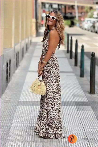 Leopard Print Maxi Dress with Halter Neck - Wild Summer Escape for Animal, Backless, Beachwear, Boho, Casual
