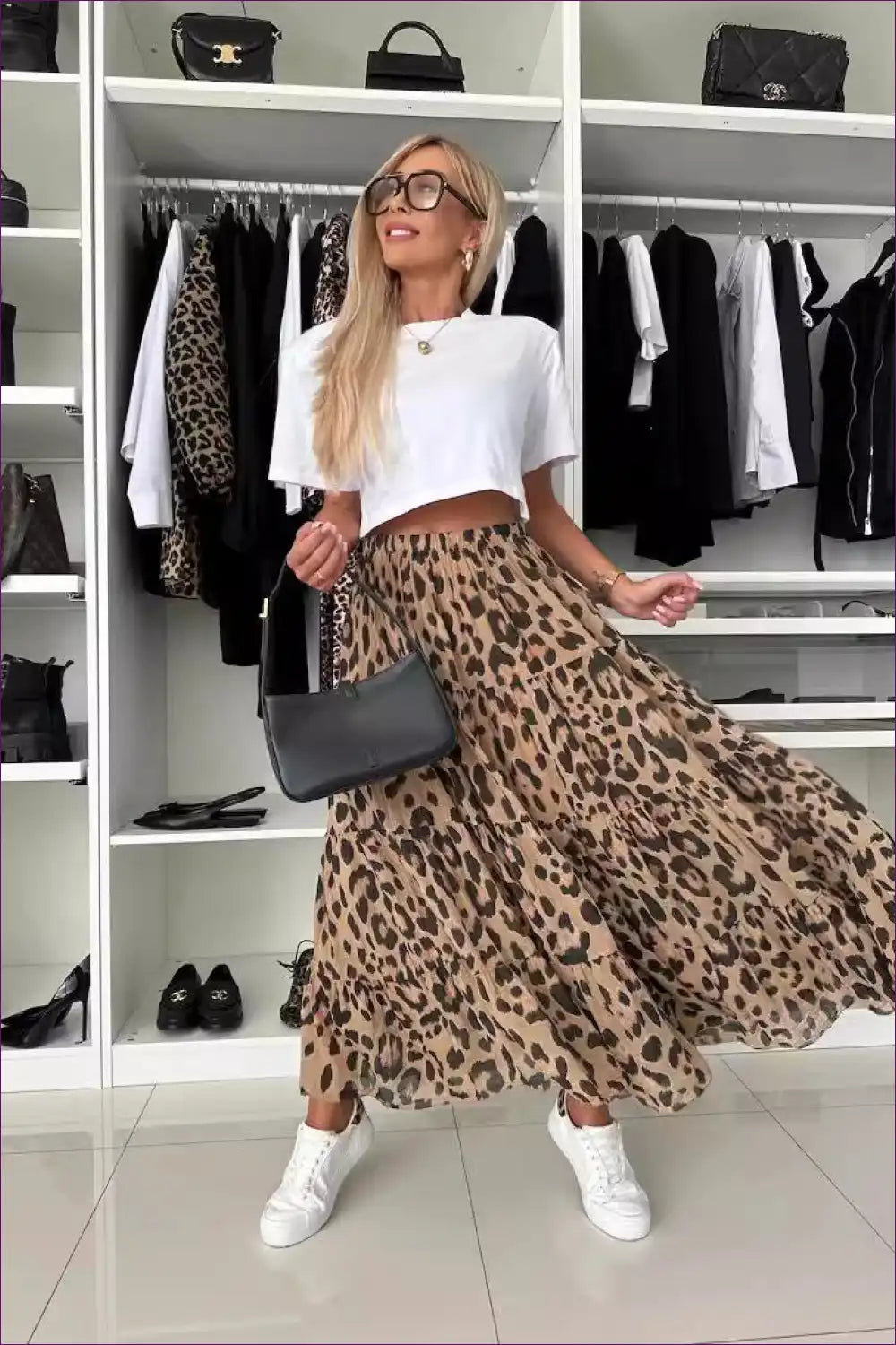 Leopard Print Maxi Skirt with Tiered Hem - Effortless Everyday Style for A-line, All Season, Animal, Autumn,