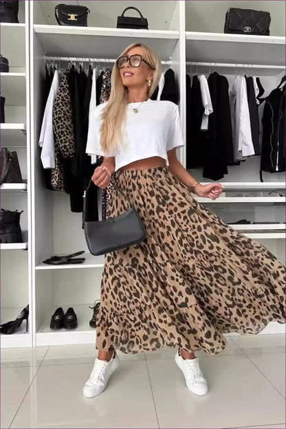 Leopard Print Maxi Skirt with Tiered Hem - Effortless Everyday Style for A-line, All Season, Animal, Autumn,