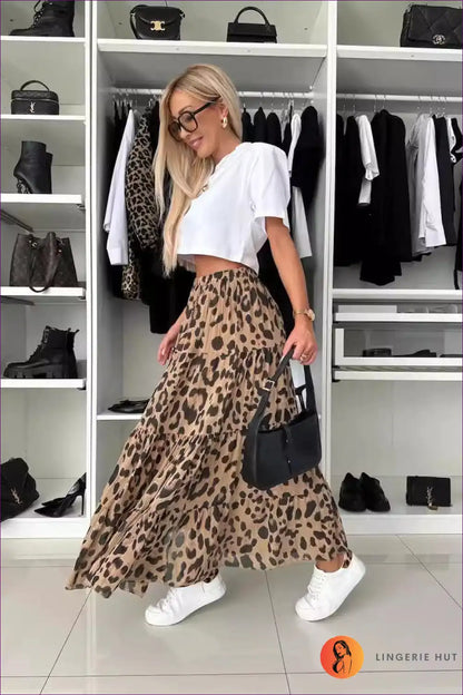 Leopard Print Maxi Skirt with Tiered Hem - Effortless Everyday Style for A-line, All Season, Animal, Autumn,