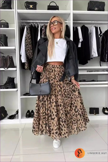 Leopard Print Maxi Skirt with Tiered Hem - Effortless Everyday Style for A-line, All Season, Animal, Autumn,