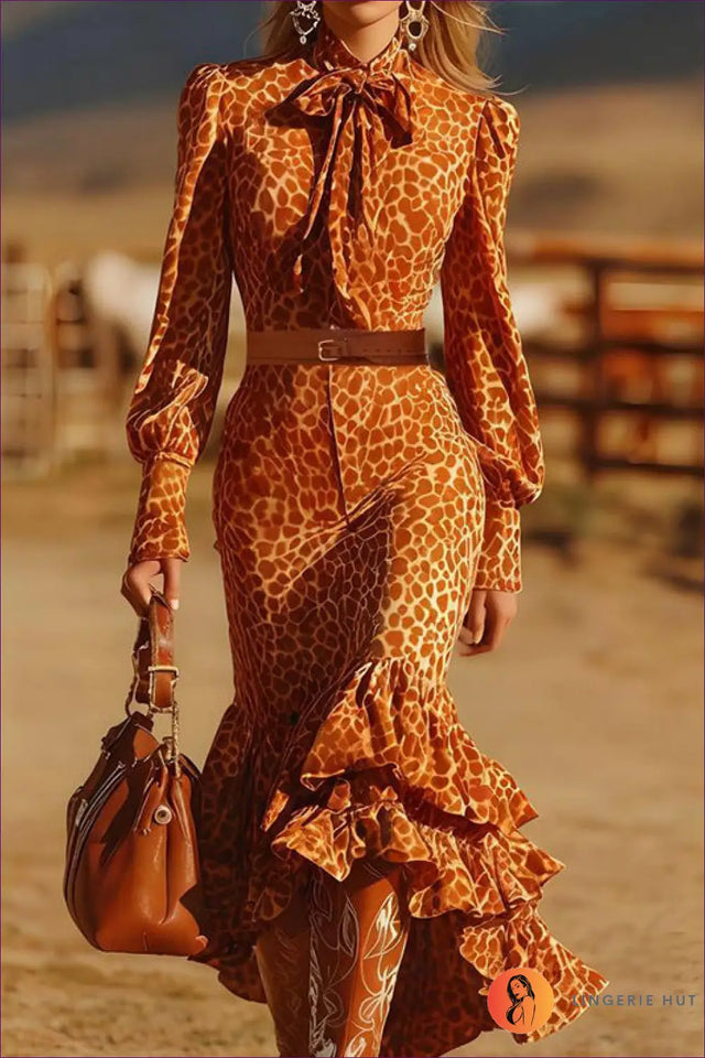 Leopard Print Ruffle Maxi Dress with Tie Neck - Wild Elegance