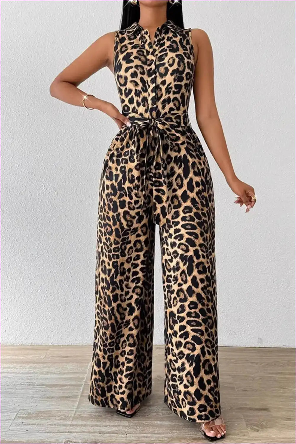 Leopard Print Sleeveless Jumpsuit with Tie Waist - Effortless Chic for Animal, Casual, Everyday, Jumpsuit,