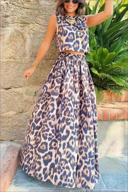 Leopard Print Two-piece Maxi Set - Wild Elegance for Animal, Beachwear, Maxi, Party, Polyester