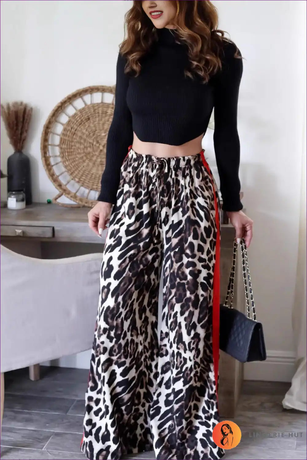 Leopard Print Wide Leg Trousers with Side Stripe - Bold Everyday Edge for Activewear, All Season, Animal,