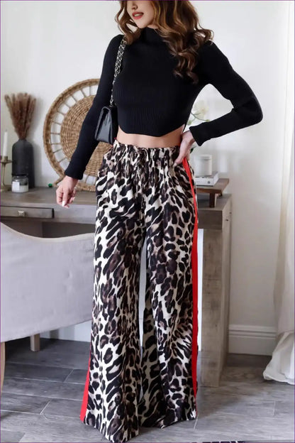 Leopard Print Wide Leg Trousers with Side Stripe - Bold Everyday Edge for Activewear, All Season, Animal,