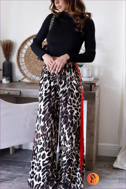 Leopard Print Wide Leg Trousers with Side Stripe - Bold Everyday Edge for Activewear, All Season, Animal,