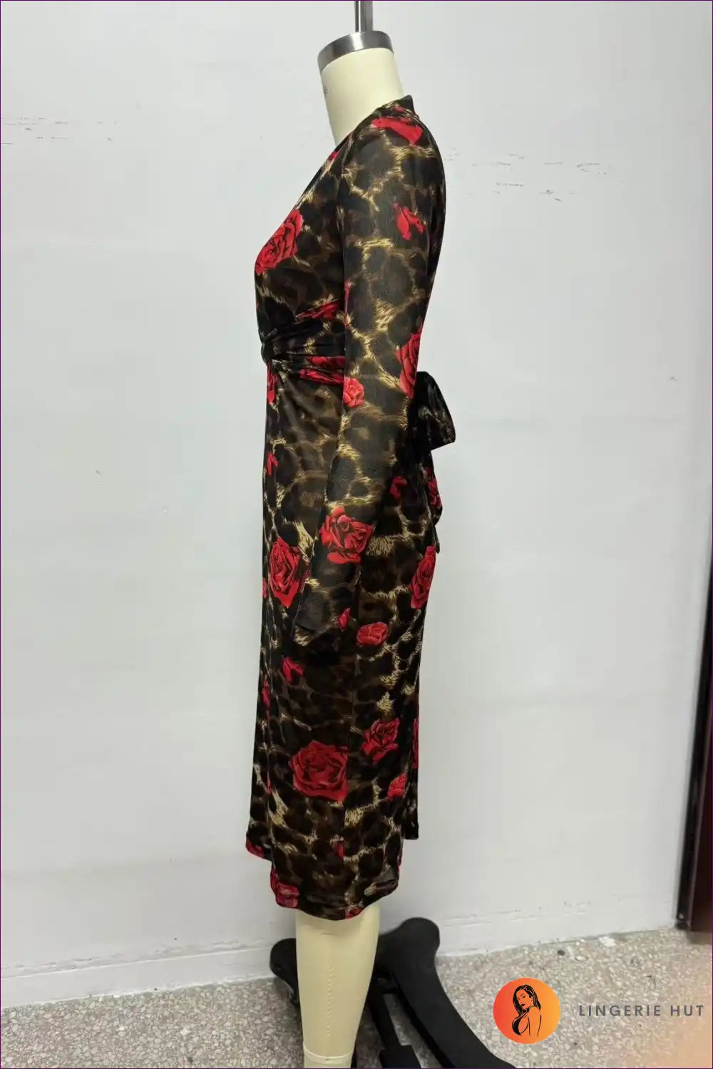 Leopard Rose Print Midi Dress with v Neck - Statement Party Style