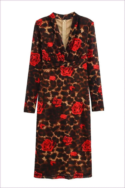 Leopard Rose Print Midi Dress with v Neck - Statement Party Style