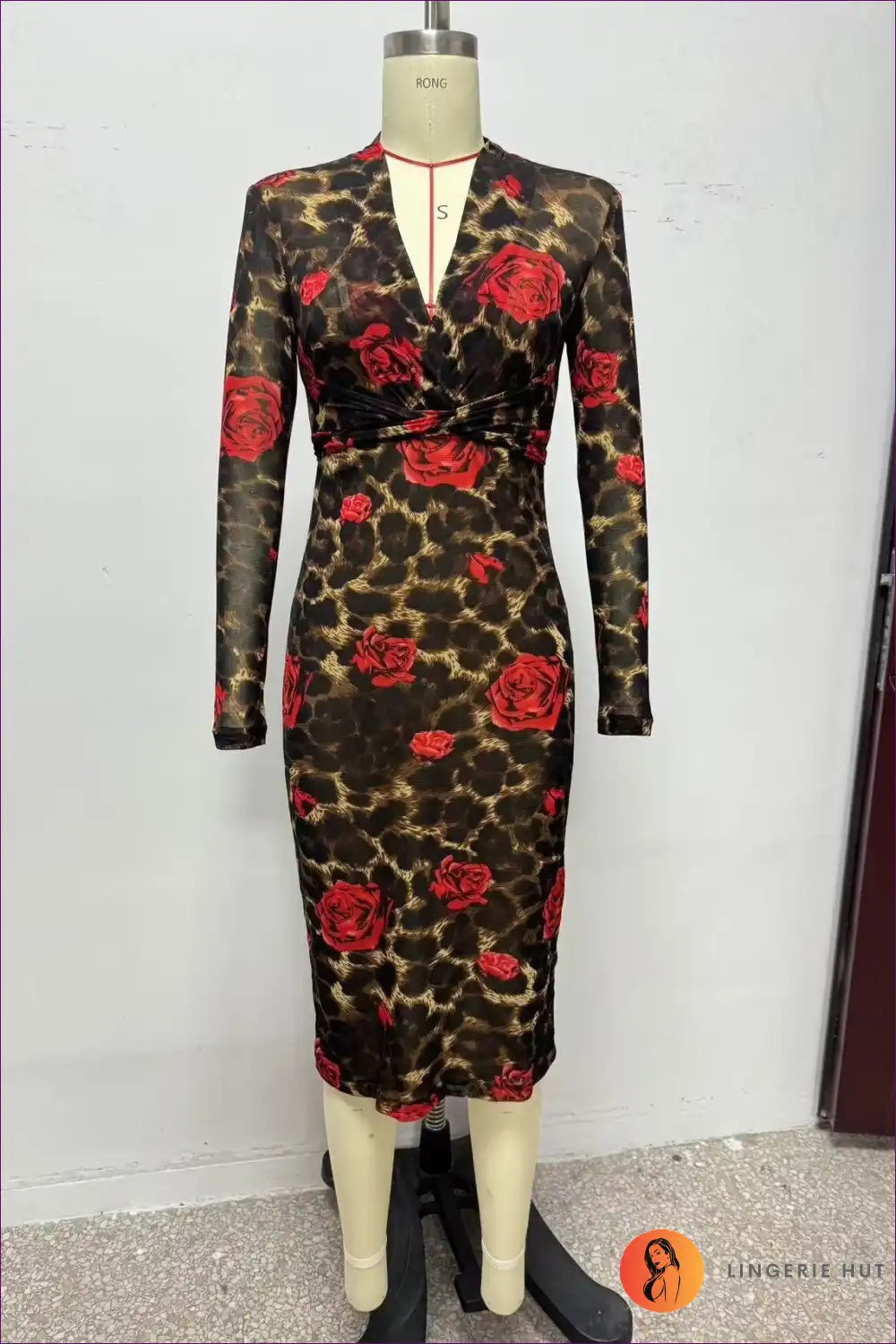 Leopard Rose Print Midi Dress with v Neck - Statement Party Style