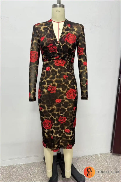 Leopard Rose Print Midi Dress with v Neck - Statement Party Style
