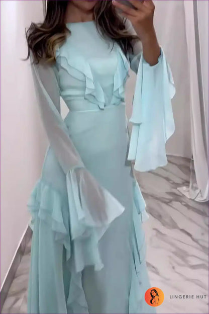 Light Blue Ruffle Maxi Dress – Ethereal & Elegant for A-line, Dress, Glamour, Maxi, Party