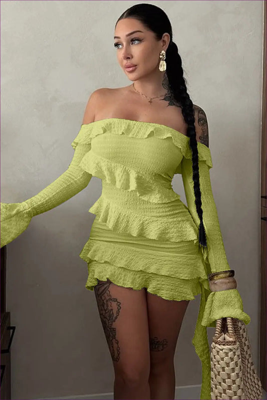 Lime Ruffle Off-shoulder Mini Dress - Chic Summer Elegance for Bodycon, Clubwear, Cutout, Dress, Glamour