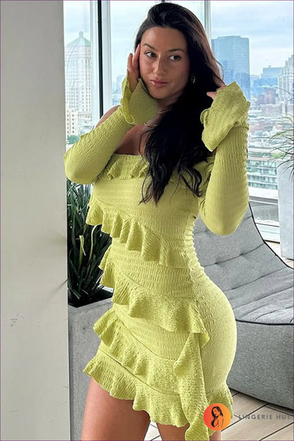 Lime Ruffle Off-shoulder Mini Dress - Chic Summer Elegance for Bodycon, Clubwear, Cutout, Dress, Glamour