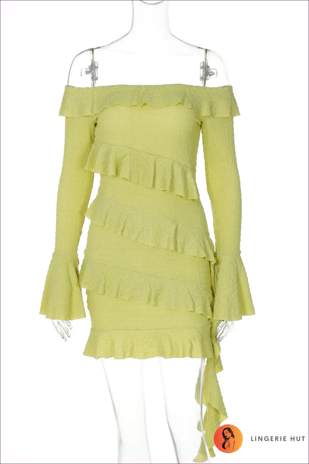 Lime Ruffle Off-shoulder Mini Dress - Chic Summer Elegance for Bodycon, Clubwear, Cutout, Dress, Glamour