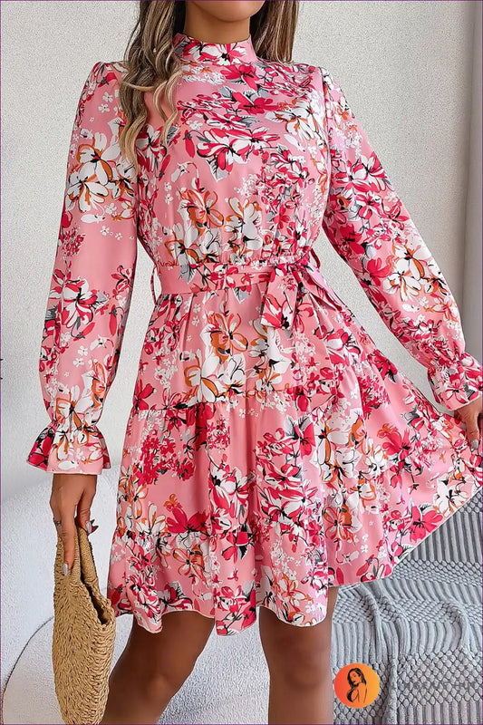A Line Dress with Floral Print and Ruffle Trim - Effortless Romance for A-line, Autumn, Dress, Everyday,