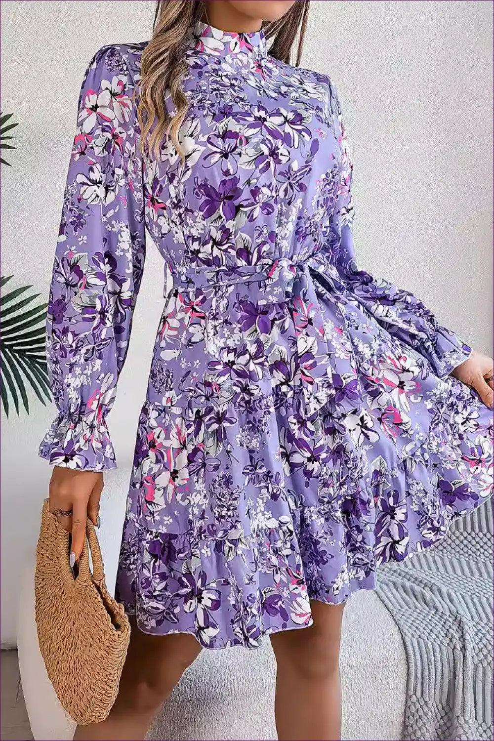 A Line Dress with Floral Print and Ruffle Trim - Effortless Romance for A-line, Autumn, Dress, Everyday,