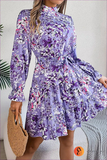 A Line Dress with Floral Print and Ruffle Trim - Effortless Romance for A-line, Autumn, Dress, Everyday,