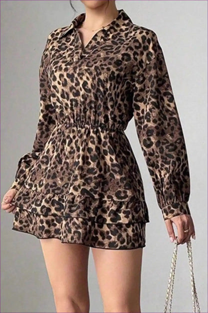 A Line Dress with Leopard Print and Tiered Skirt - Effortless Wild Charm for Line, Animal, Casual, Dresses,