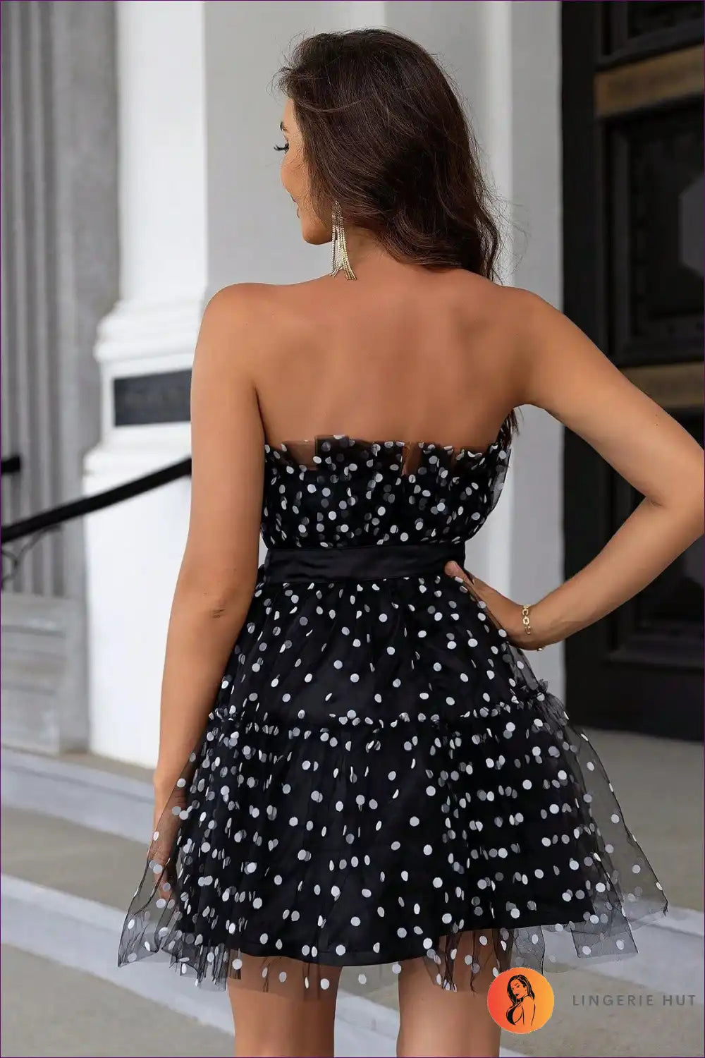 A-line Dress with Polka Dot Mesh Overlay - Playful Party Mood for A-line, Cutout, Dress, Glamour,