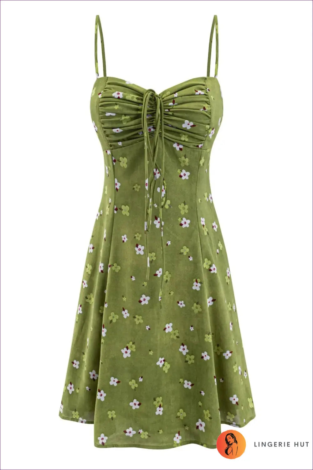 A Line Dress with Ruched Waist - Daylight Romance - s / Green Background Pattern - Casual • Cotton • Dresses - Lingerie