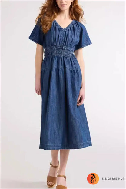 A Line Dress with Ruched Waist - Quiet Confidence - s / Blue - Casual • Cotton • Dresses - Lingerie Hut