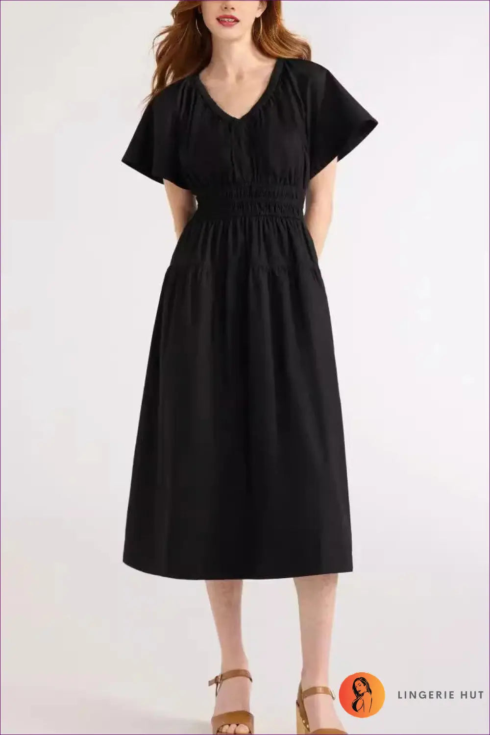 A Line Dress with Ruched Waist - Quiet Confidence - s / Black - Casual • Cotton • Dresses - Lingerie Hut