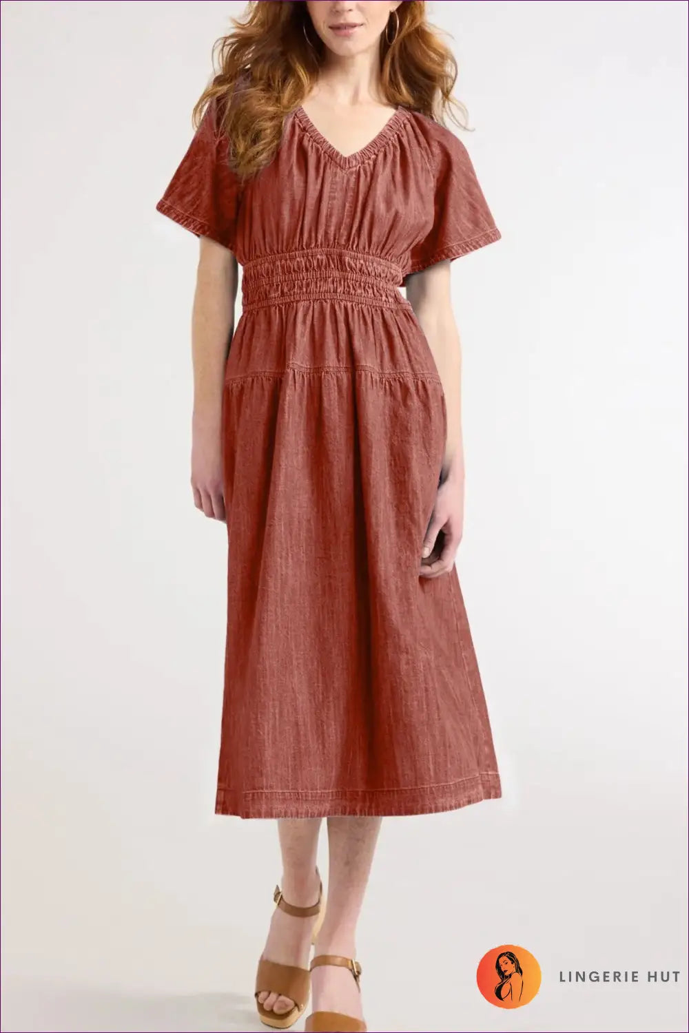 A Line Dress with Ruched Waist - Quiet Confidence - s / Red - Casual • Cotton • Dresses - Lingerie Hut