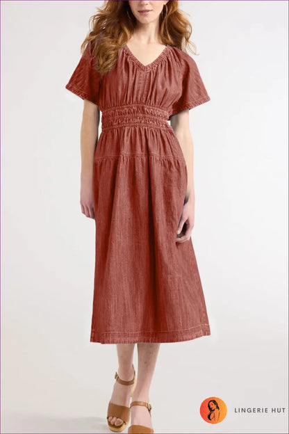 A Line Dress with Ruched Waist - Quiet Confidence - s / Red - Casual • Cotton • Dresses - Lingerie Hut