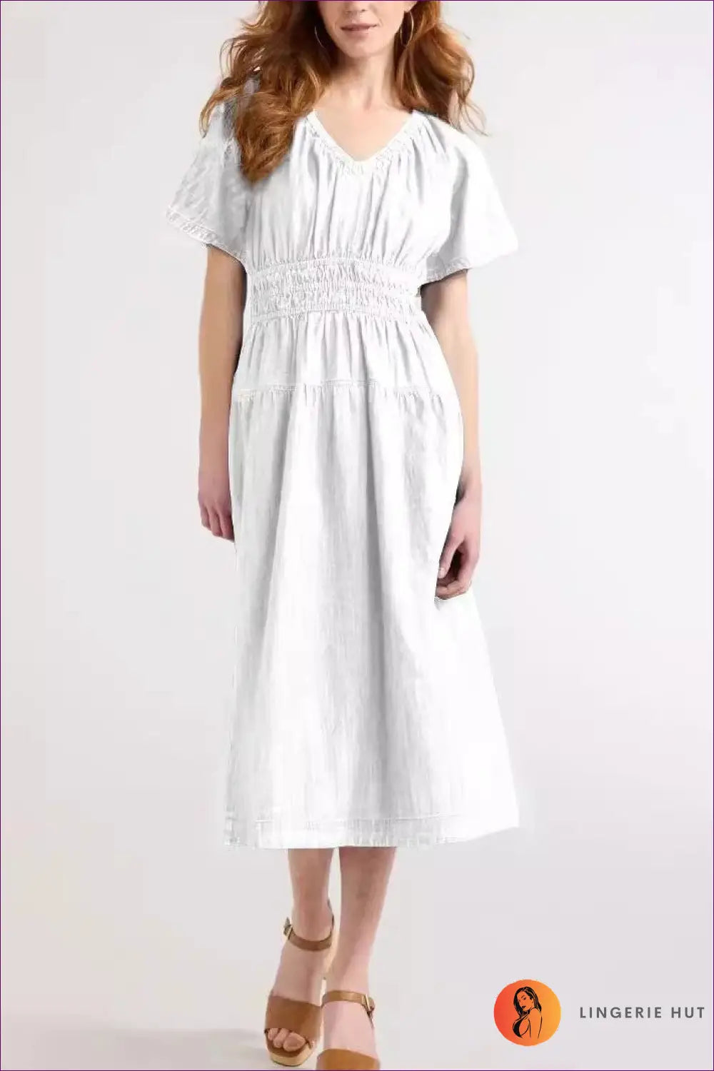 A Line Dress with Ruched Waist - Quiet Confidence - s / White - Casual • Cotton • Dresses - Lingerie Hut