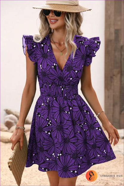 A-line Dress with Ruffled Sleeves and Floral Print - Effortless Day Charm for A-line, Boho, Casual, Dress,