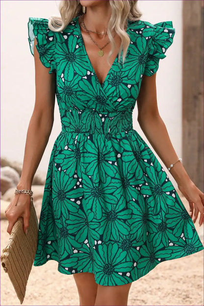 A-line Dress with Ruffled Sleeves and Floral Print - Effortless Day Charm for A-line, Boho, Casual, Dress,