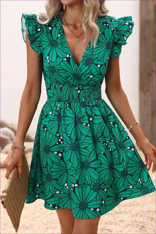 A-line Dress with Ruffled Sleeves and Floral Print - Effortless Day Charm for A-line, Boho, Casual, Dress,