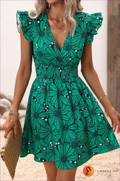 A-line Dress with Ruffled Sleeves and Floral Print - Effortless Day Charm for A-line, Boho, Casual, Dress,