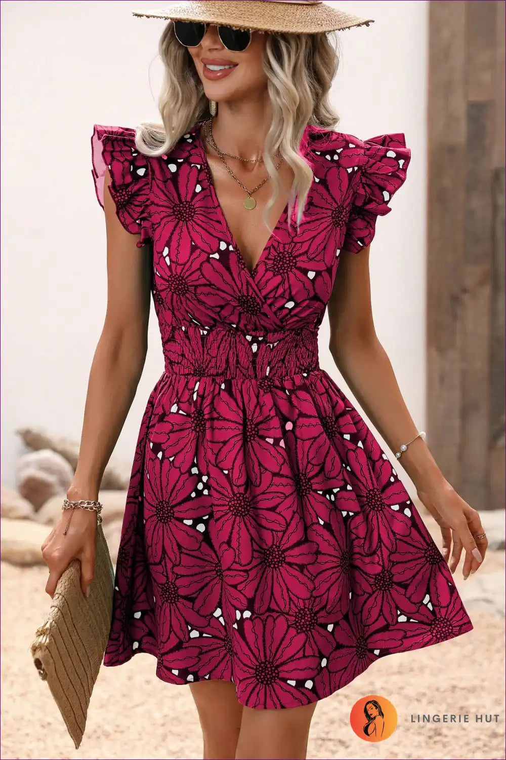 A-line Dress with Ruffled Sleeves and Floral Print - Effortless Day Charm for A-line, Boho, Casual, Dress,